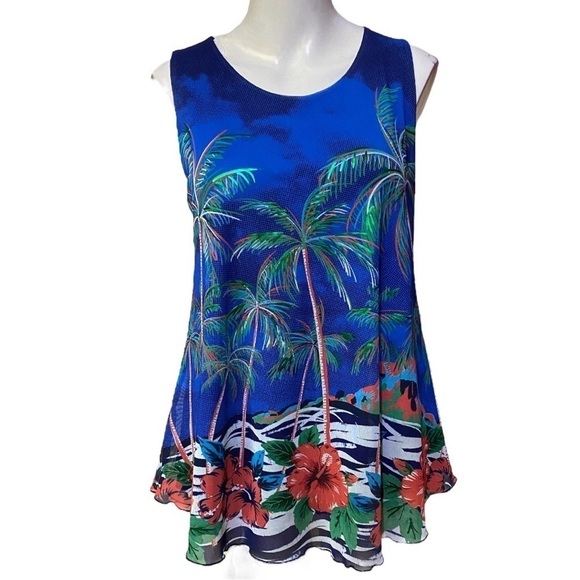 DESIGUAL TS Palmeritis Blue Green Palms Floral Blouse Top Size L (US M) - Picture 1 of 8